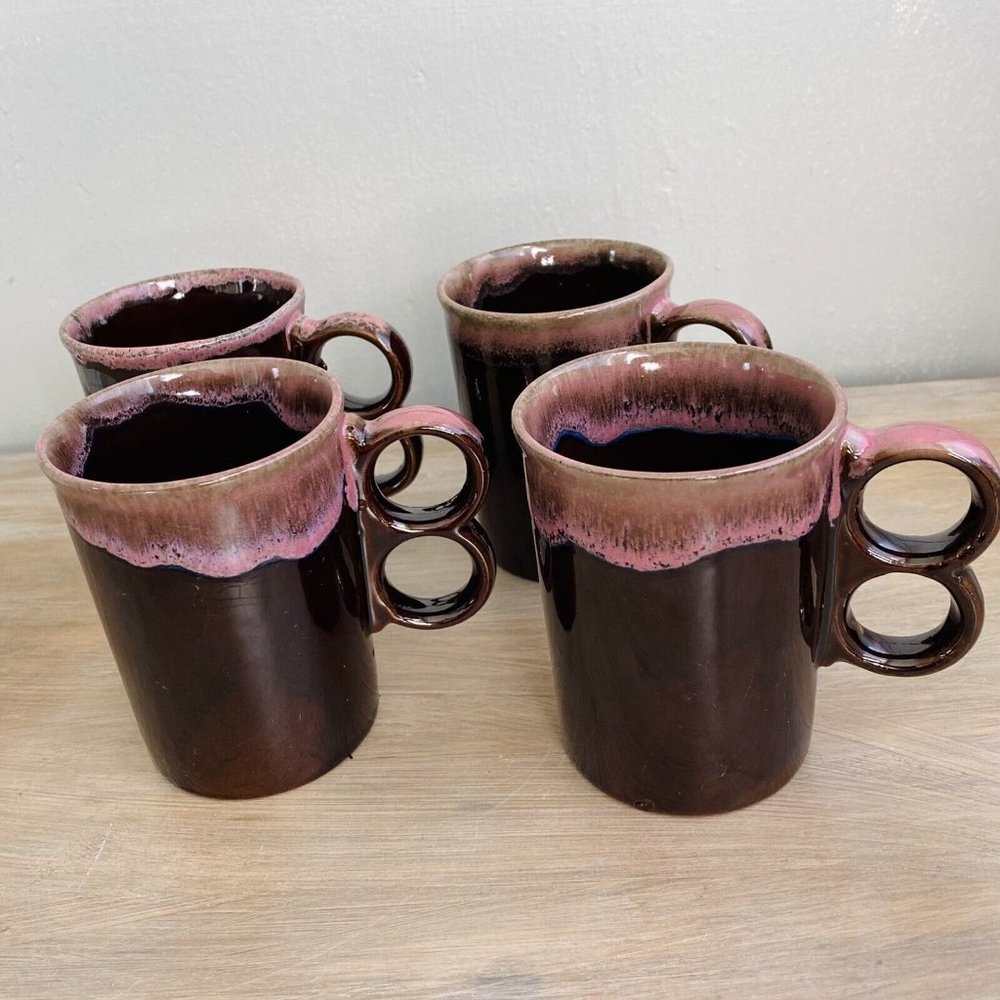 Vintage Coffee Cups Double Ring Drip Glazed Coffee Mug/ Cups Set of 4